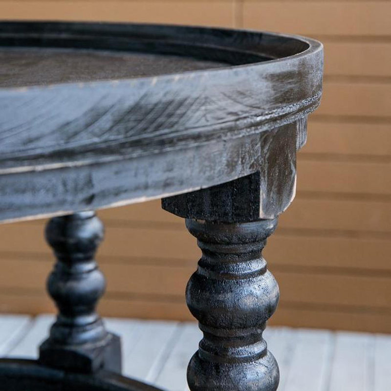D23.5 x 25" Round Three Tiered Side Table with Rattan Shelf, Black, Black