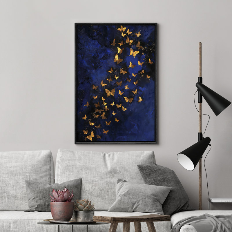 Papillon doré sur fond bleu foncé, Noir, H 36 po x l 24 po
