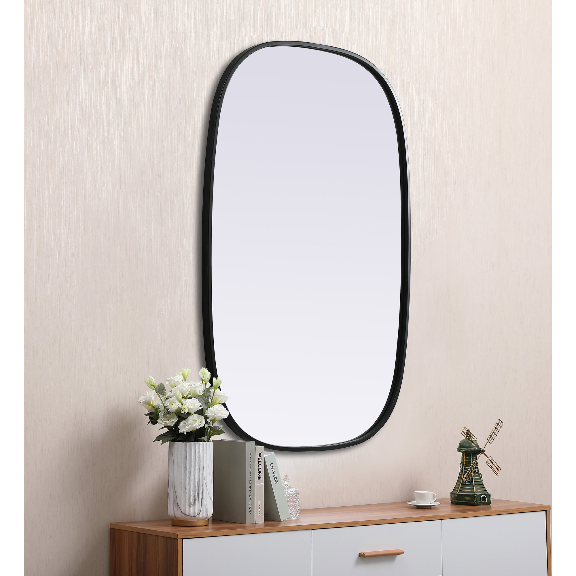 Sabine Metal Curved Oval Wall Mirror, Black, 36" x 24"