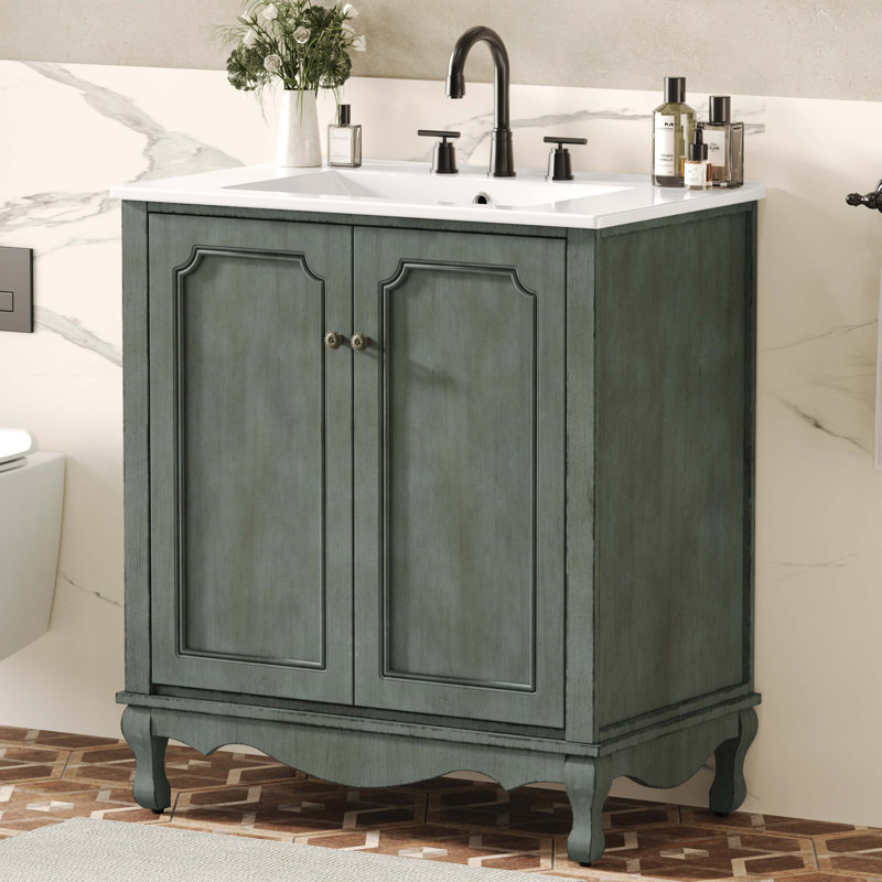 Meuble-lavabo vintage 30 po avec lavabo rectangulaire en céramique, meuble-lavabo avec poignées antiques et 2 portes