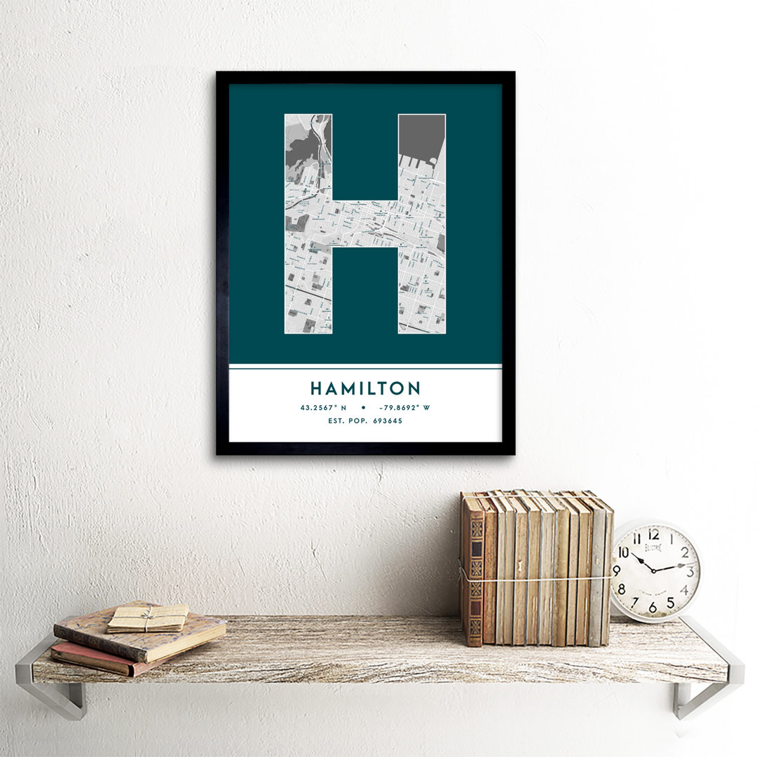 Hamilton City Map Hamilton Teal by Wee Blue Coo - Single Picture Frame Typography