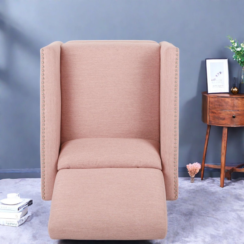 Fauteuil inclinable gain de place avec poche latérale, tissu rose poudré et structure en bois, style moderne