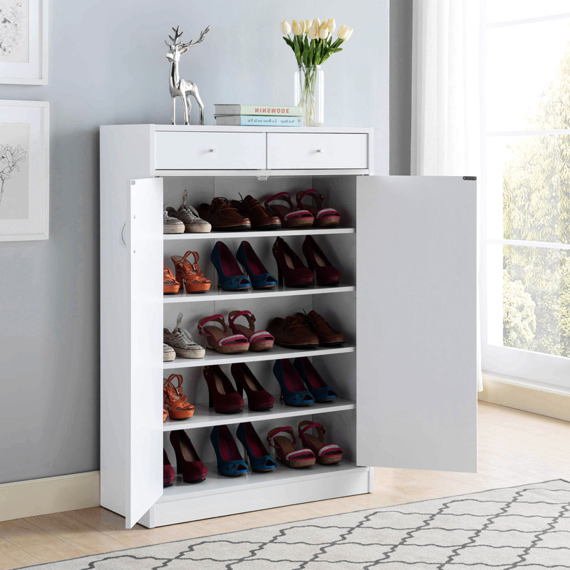 Armoire à chaussures blanche avec cinq tablettes, deux tiroirs, pour 15 paires de chaussures