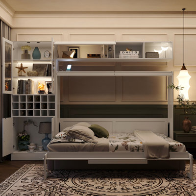 Full Size Bed White, , Shelves, & - Convenient And Space Saving For Small Apartment Spaces With Multifunctional Living