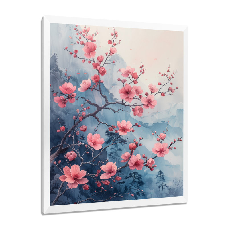 Fleur de cerisier rose gris dans un salon - art mural cerisier en fleurs, Toile encadrée blanche avec une seule photo