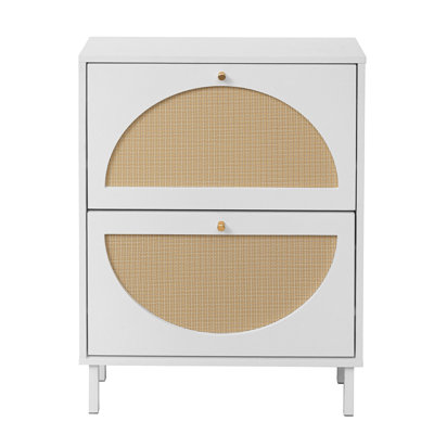 Double Layer 2 Door Shoe Rack In White, Engineered For Resistance, Elegant Golden Handle, Metal Base With Back Plate Buckle, Semicircular Pattern Visual Balance, Suitable Living Room And White