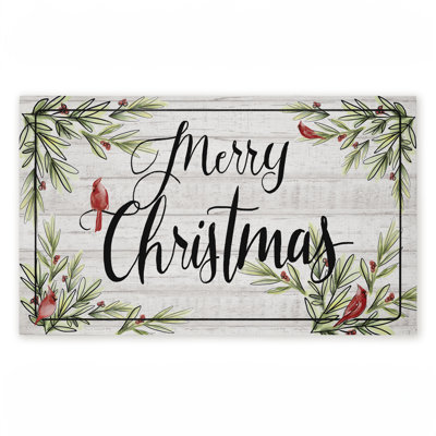 Rustic Merry Christmas Cardinals Printed Outdoor Door Mat, design by Dogwood Portfolio, 18"x30"