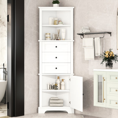 White Triangle Cabinet With 3 Drawers And Adjustable Shelves, For Home Storage In Different Rooms, Board, Water - Proof Finish