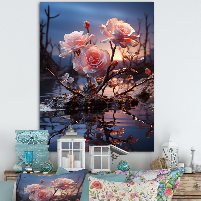 «Moonlit Flower Serenity Blooms I - Rose», art mural, Toile tendue, H 40 po x l 30 po