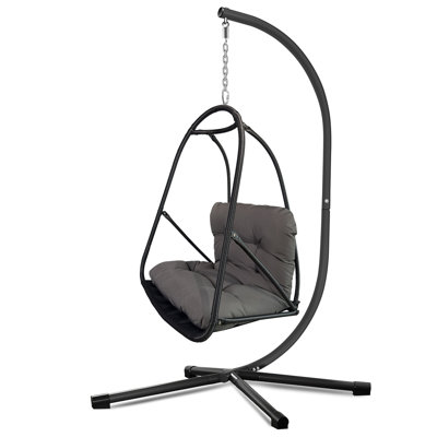  Swing Egg Chair with Stand – UV Resistant Waterproof Cushion & Cup Holder Included, Indoor/Outdoor Hanging Hammock Chair for Patio, Bedroom, Balcony, Garden (Black)