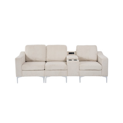 Canapé modulaire convertible en velours côtelé avec porte-gobelets, USB, trois places, beige