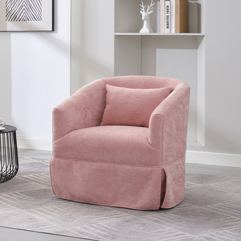 360-Degree Swivel Upholstered Armchair with Accent Pillow, Pink Linen Blend