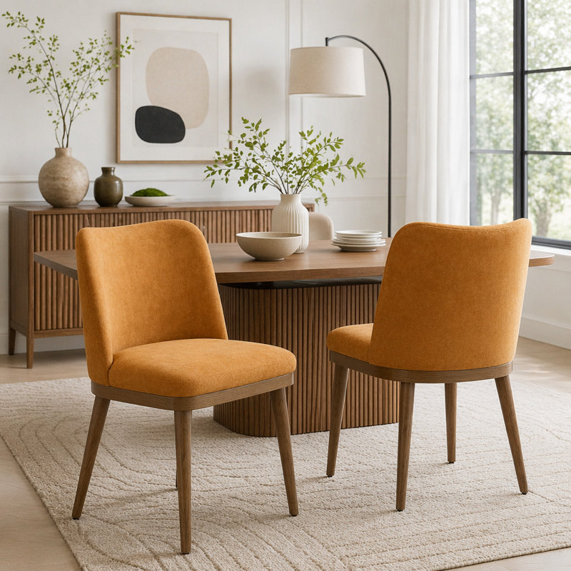 Ensemble de 2 chaises de salle à manger de style Mid-Century avec dossier ergonomique incurvé, Tissu gingembre