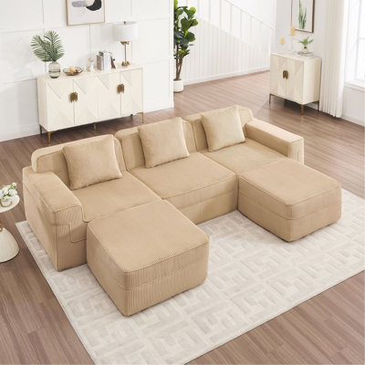 Canapé modulaire modulaire à 3 places en forme de U sans os, canapé modulaire Cloud avec assise profonde, canapé modulaire moderne à 3 places avec coussins décoratifs et 2 repose-pieds amovibles, tissu en velours côtelé