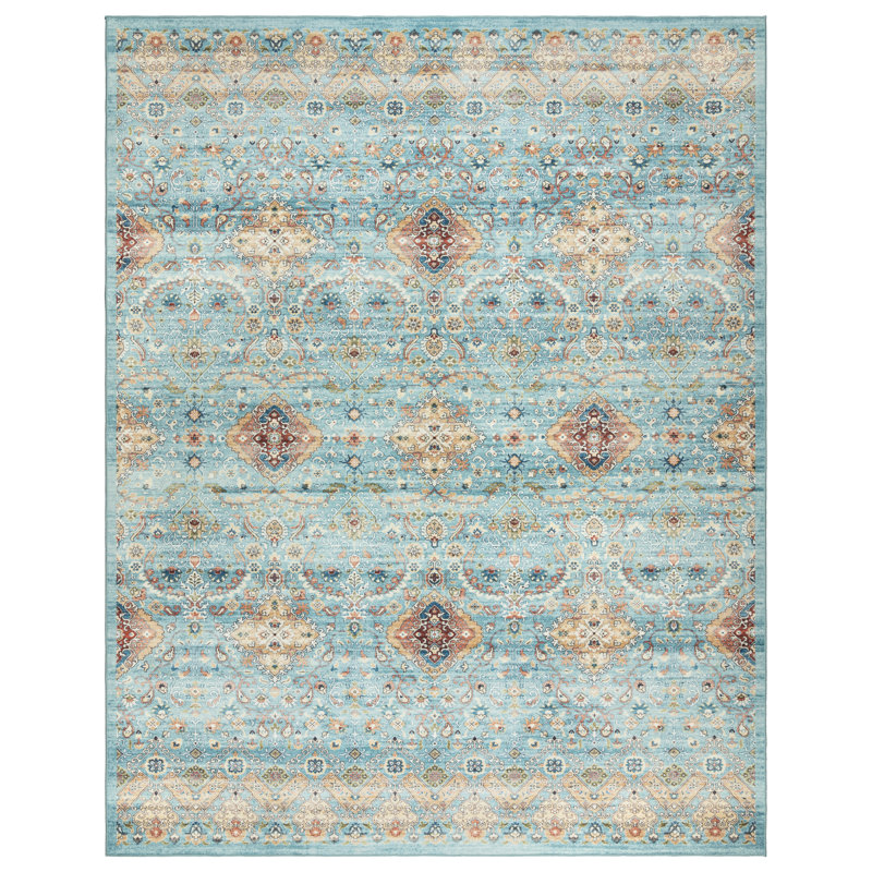Samira Tanis Aqua Blue Gold Cream Multi Moroccan Bohemian Machine Washable Indoor Area Rug, Flat Pile for Living Room & Bedroom - Sage, 3x5