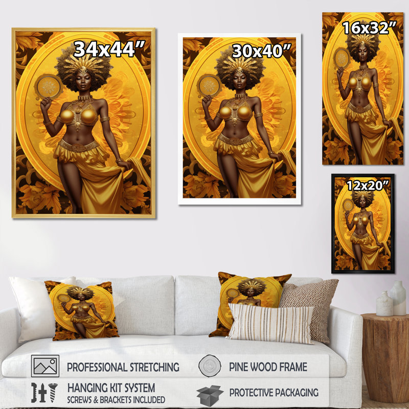 Orisha Oshun avec miroir déesse africaine - art mural femme afro-américaine, Cadre flottant doré