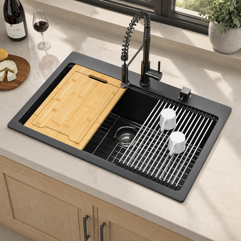 Durable Granite Composite Workstation Drop-In Kitchen Sink with Noise Reduction and Easy Clean Smooth Surface