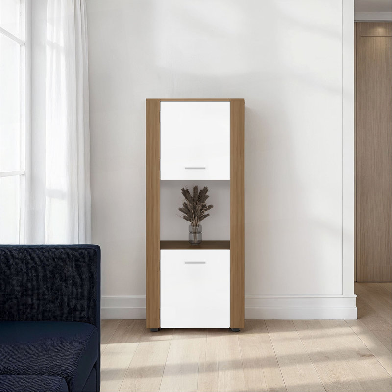Bibliothèque Kasaan avec portes supérieure et inférieure, tablettes ouvertes et rangement vertical