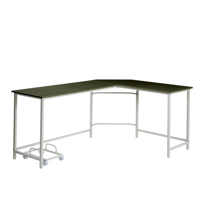 Bureau d'ordinateur en L Bambina à finition grise et blanche avec bord biseauté et rangement mobile, parfait pour les petits espaces et les postes de travail modernes.