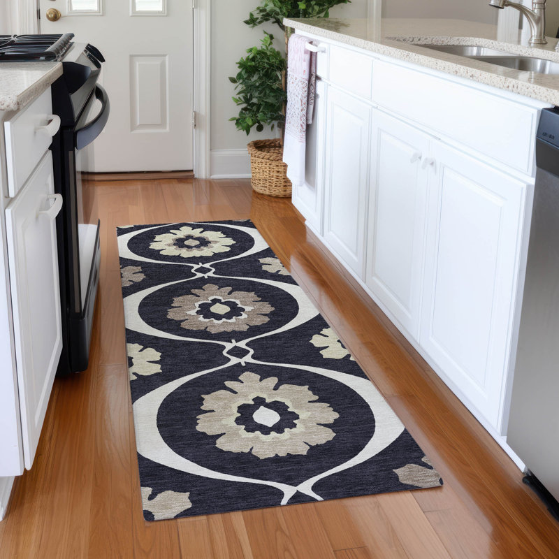 Premium Machine Washable Prisco Black Rug, Runner 2'3" x 7'6"