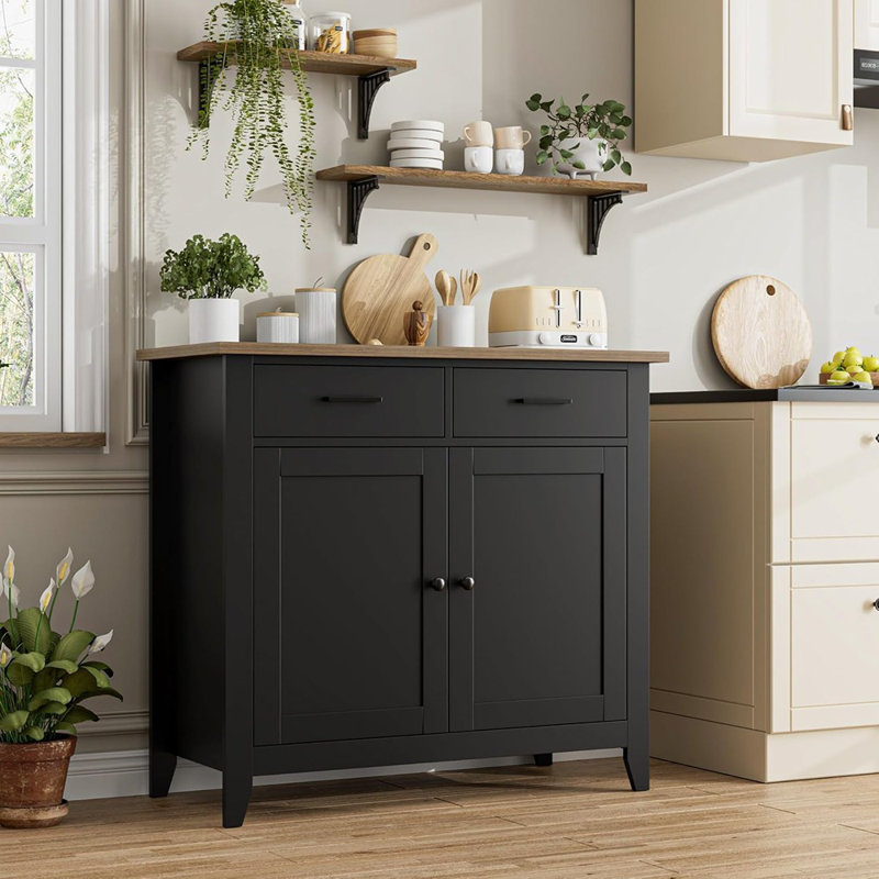 Armoire de cuisine, noir / brun rustique - Buffet de ferme moderne avec 2 tiroirs, 2 portes et un bar à café pour le salon, la salle à manger ou la salle de bain