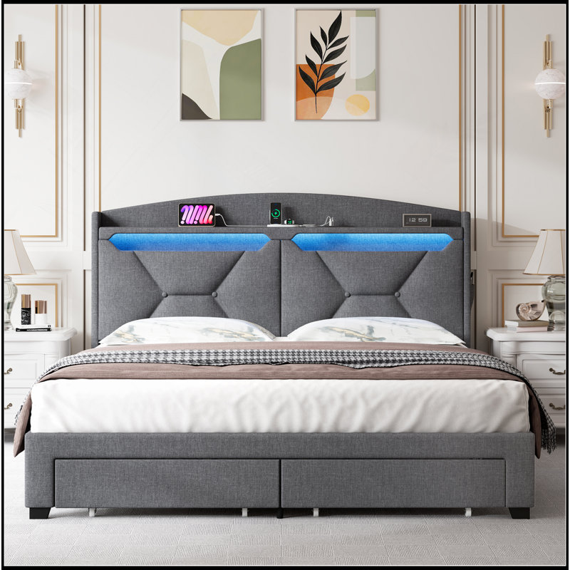 Lit de rangement élégant avec lumières DEL et ports de charge, parfait pour une chambre à coucher moderne
