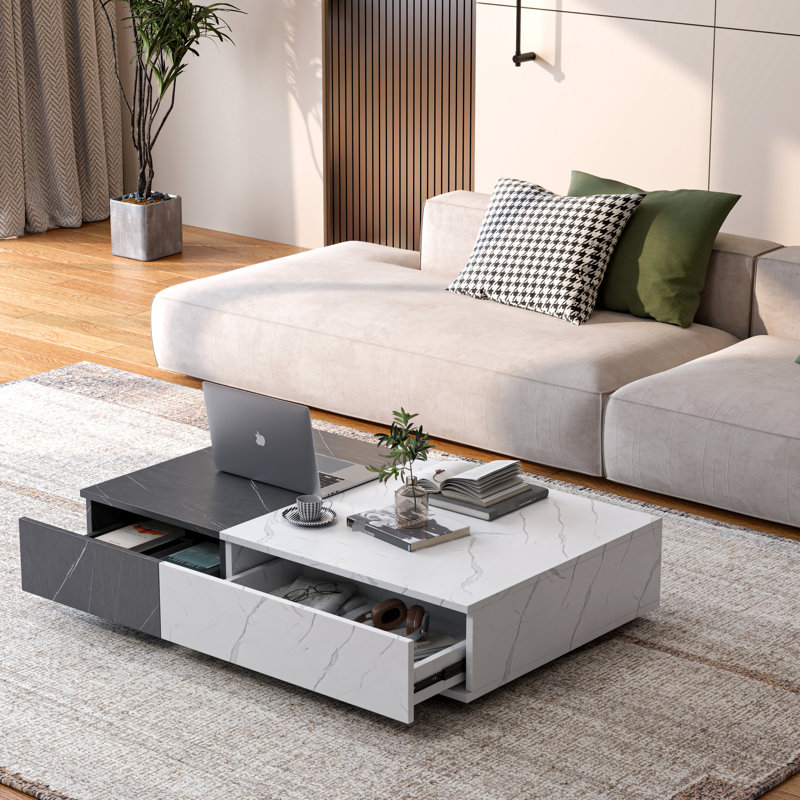 Rectangular Coffee Table With Marble Finish And Two Functional Storage Compartments Spaces In A Modern Design, Gray/White