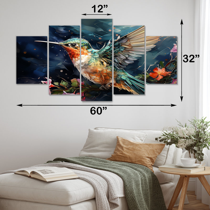 «Green Fluttering Emerald Hummingbird Blooms I - Hummingbird Multipanel», art mural