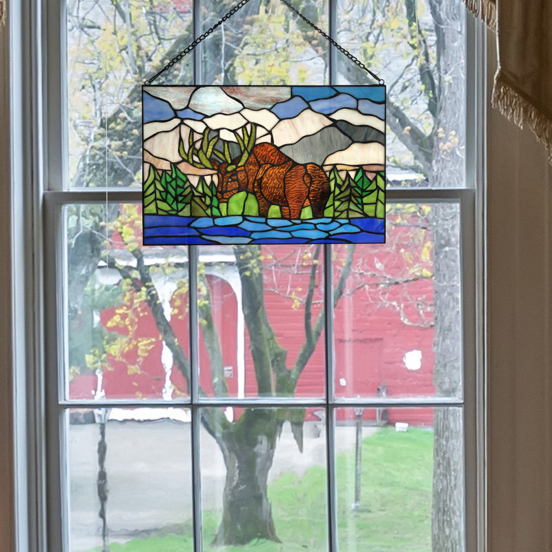 12"H Moose in Mountainscape Stained Glass Window Panel