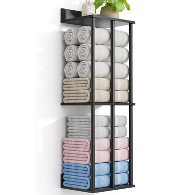 Porte-serviettes mural pour salle de bain avec tablette de rangement en bois