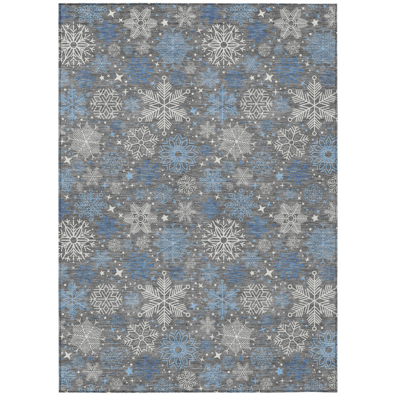 Machine Washable Indoor/Outdoor Christmas Snowflake Xhevrie Gray Rug, Rectangle 9' x 12'