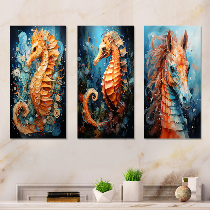 Ensemble de 3 décorations murales orange et bleu Seahorse Symphony I - Hippocampe, H 40 po x l 60 po, Toile tendue
