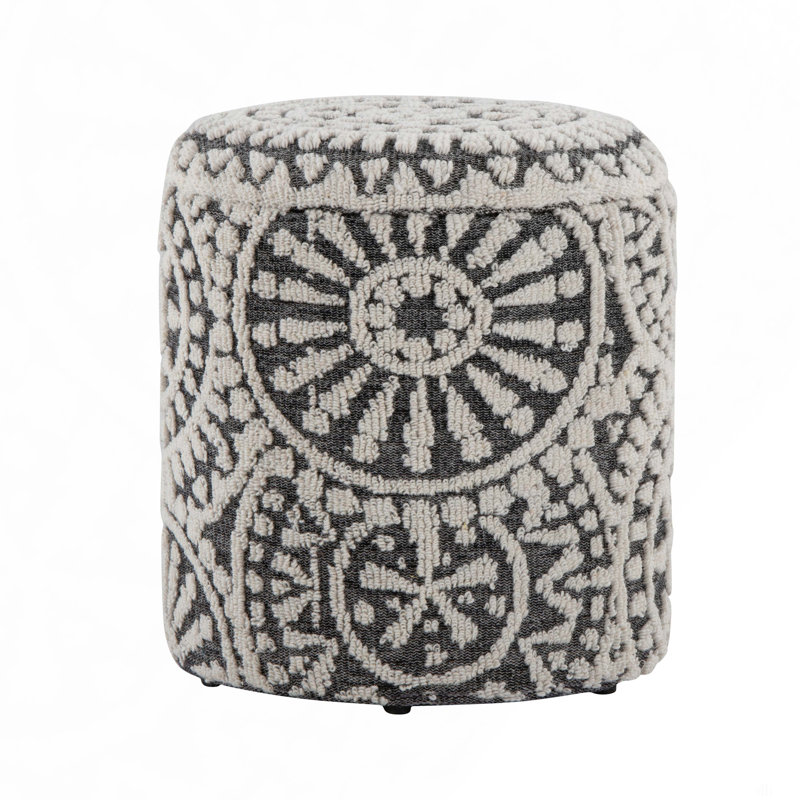 18" Storage Ottoman In Black And Ivory Handwoven Wool With Tufted And Knotted Design