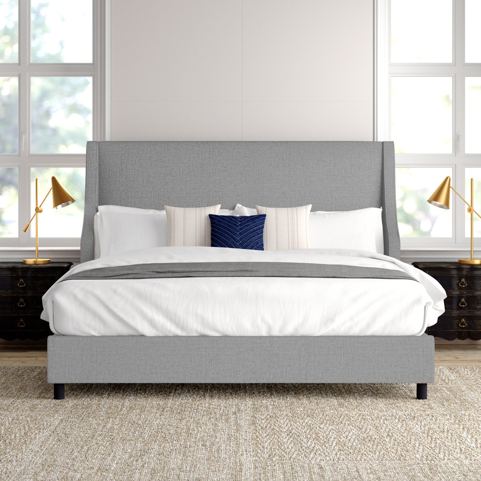 Bernadine Upholstered Wingback Bed, Classic Grey Linen, Full/Double