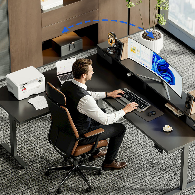 Bureau debout électrique en L à hauteur ajustable de 63 pouces avec tiroirs et tablette pour moniteur, bureau de coin ergonomique avec crochets et gestion des câbles, noir