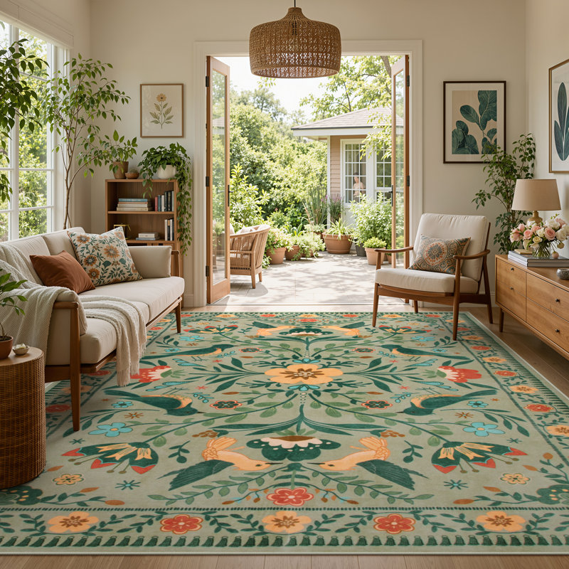 Tapis à motif floral lavable Goldene Boho, Rectangulaire 8 pi x 10 pi