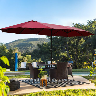 15X9Ft Double-Sided Twin Patio Umbrella Large Rectangular Outdoor Market Umbrella With Solar Lights & Heavy-Duty Base