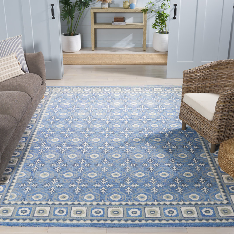 Ebony Hand Tufted Wool/Cotton Southwestern Rug in Blue/Ivory, Rectangle 8' x 10'
