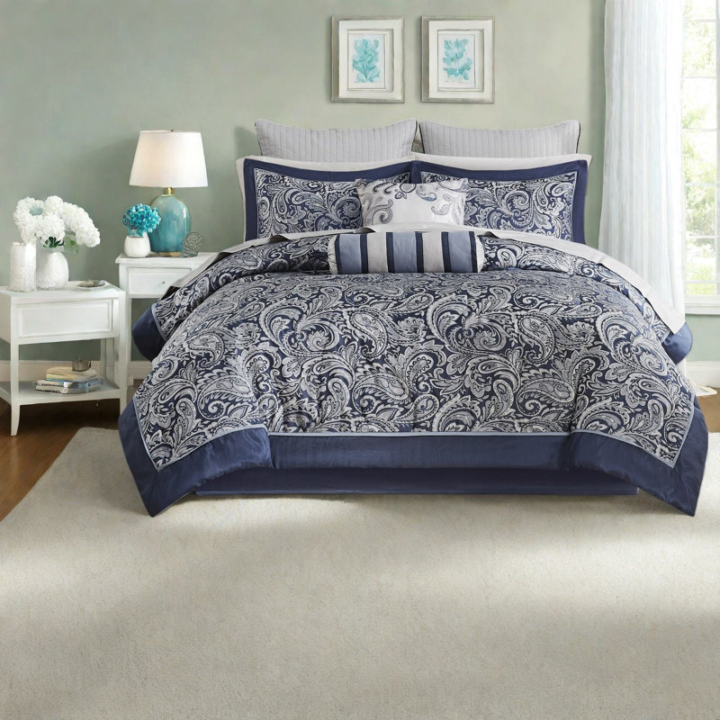 Ensembles de literie luxueux bleu marine avec draps en coton, style cachemire moderne pour la maison