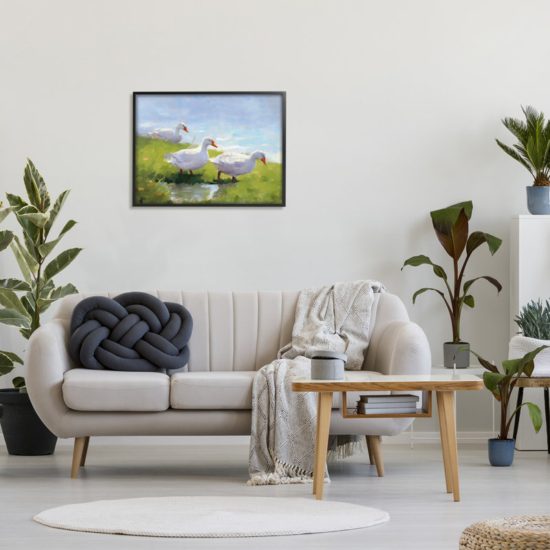 Az-075 - "Three Ducks Landscape" sur toile par Ziwei Li, Giclée encadrée noir minuit, H 24 po x l 30 po x P 1,5 po