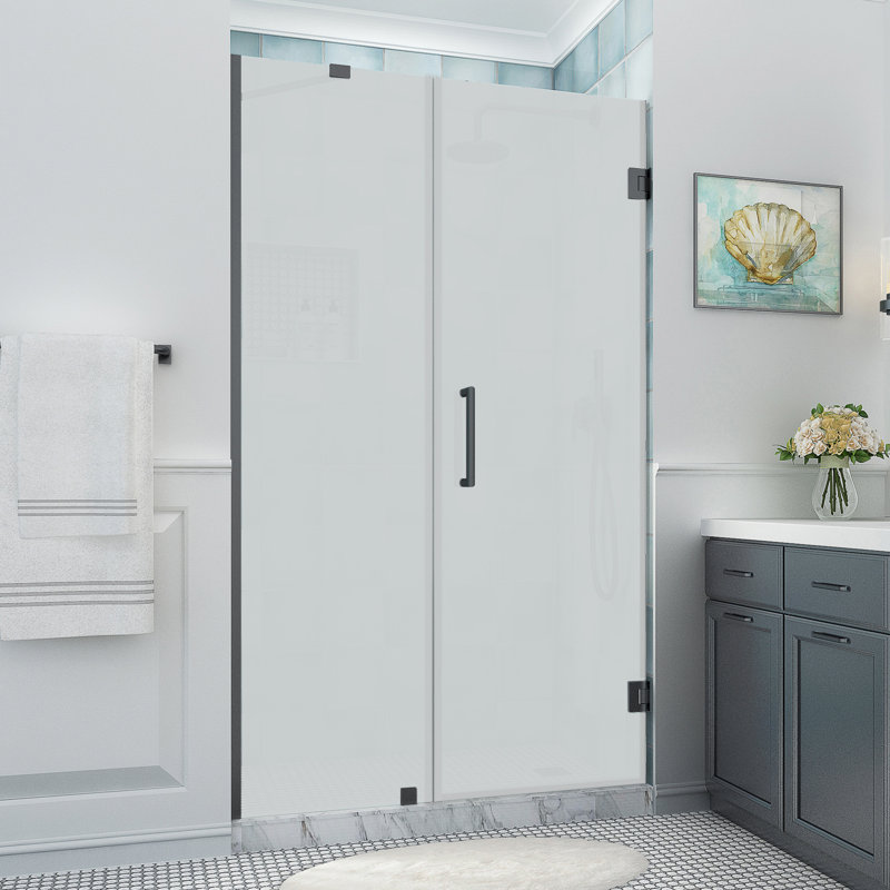 Belmore XL 51.25 - 52.25 in. W x 80 in. H Frameless Hinged Shower Door with StarCast Glass, Matte Black, Frosted Glass