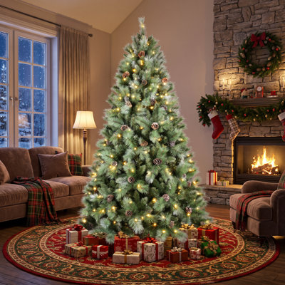 Sapin de Noël artificiel de 2,13 m (7 pi) préilluminé avec 400 lumières DEL blanc chaud, 1348 aiguilles en PVC et rigides, 82 pommes de pin, branches articulées et support en métal