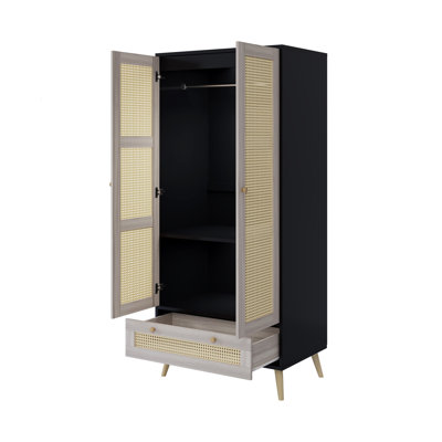 Armoire-penderie de 70,8 po de hauteur avec 2 portes en rotin et 1 tiroir, armoire de rangement en bois Boho avec tringle pour chambre à coucher, naturel et noir
