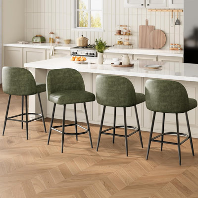 4-Pack Green Leather Bar Stools, 26" Arc Metal Footrest, Counter & Bistro Chairs for Home Bar