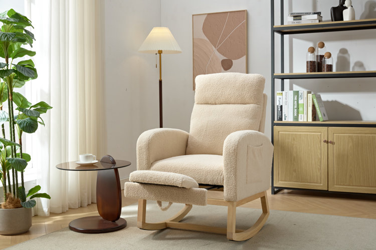 modern living room with a sherpa upholstered rocking chair with wood legs