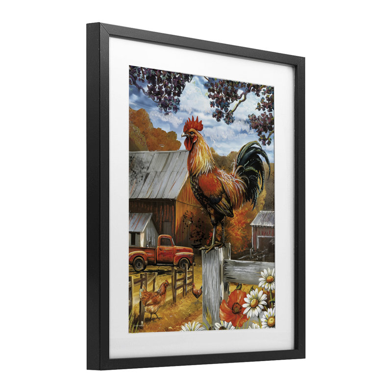 Impression de coq perché d'automne encadré sous verre, conception par Ed Wargo, H 21 po x l 17 po, Cadre noir minuit