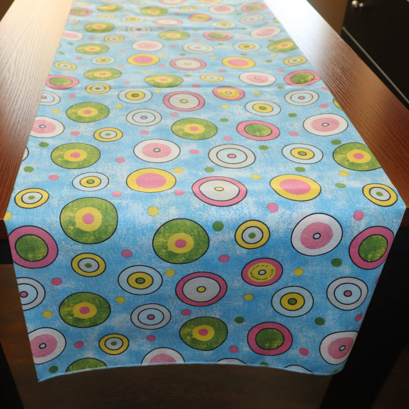 Chemin de table imprimé cercles et pois, Bleu, L 12 po x L 108 po