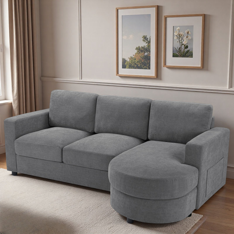 Canapé modulaire moderne en L avec méridienne incurvée, ports USB et poches de rangement latérales, Gris