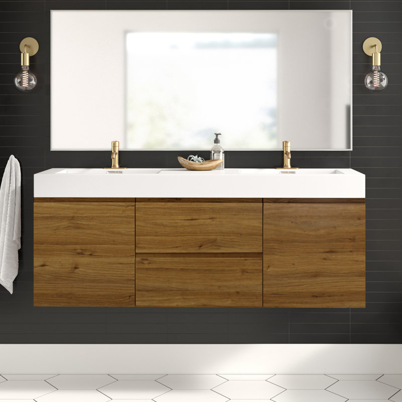 Mitul 58.75'' Double Bathroom Vanity with Acrylic Top, Natural Oak