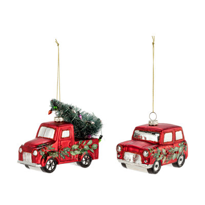 Red Truck Glass Ornaments 2 Assorted - 4X3in